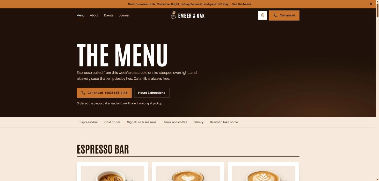 Ember & Oak menu page